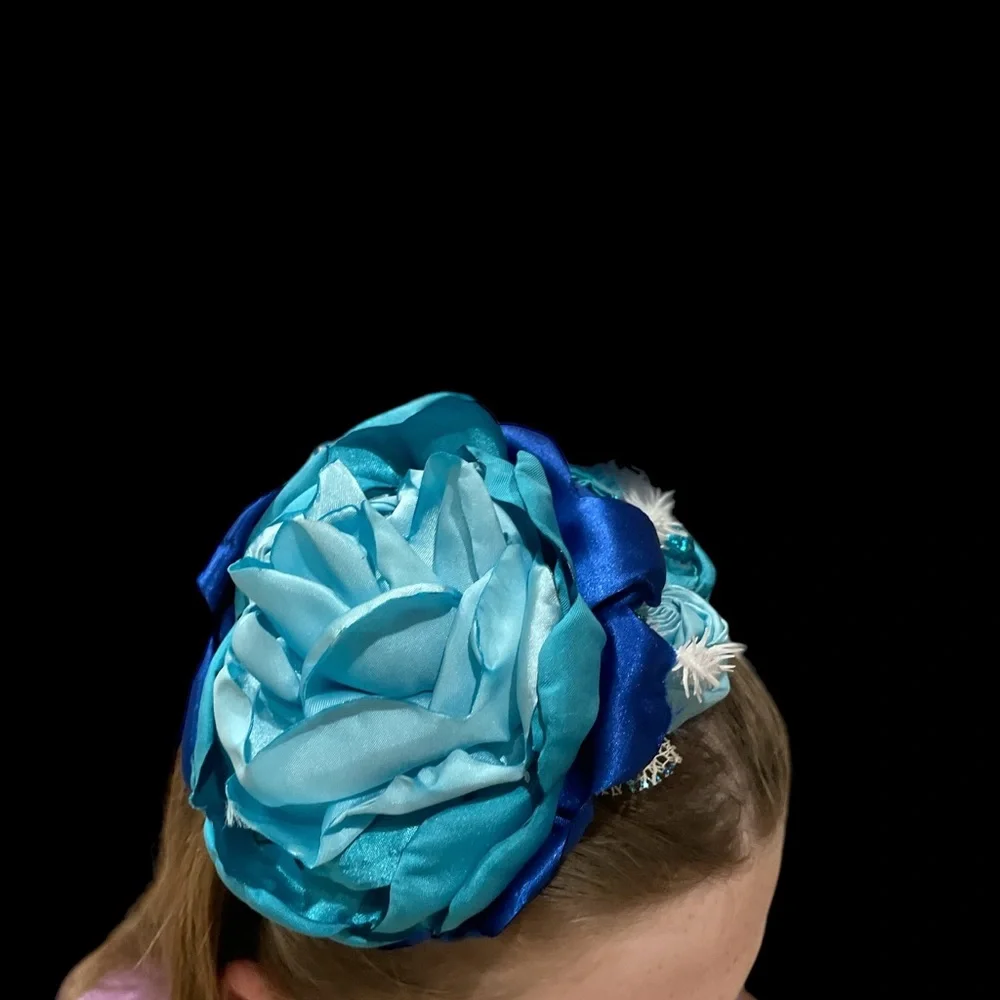 Large oversized big blue flowers headband bows lace satin ribbon hair accessory